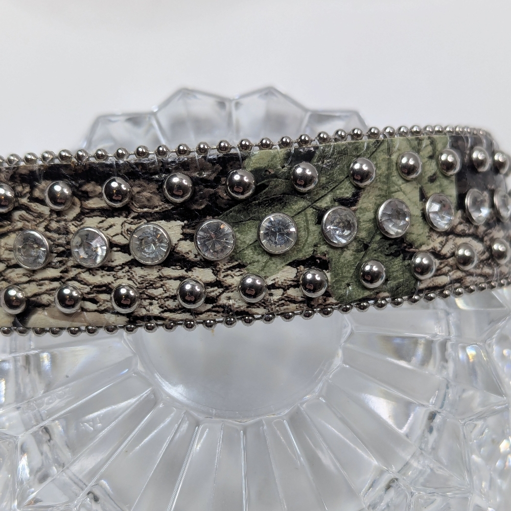 Angel Ranch Snap Bracelet Silver Beaded Rhinestone Crystals Camo Leather Strap - Picture 2 of 12